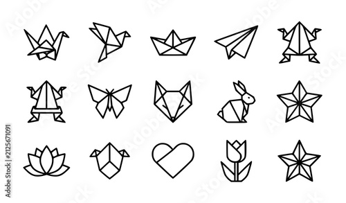 Origami vector icon set featuring geometric paper animals crane boat butterfly fox rabbit plane and star isolated on white background