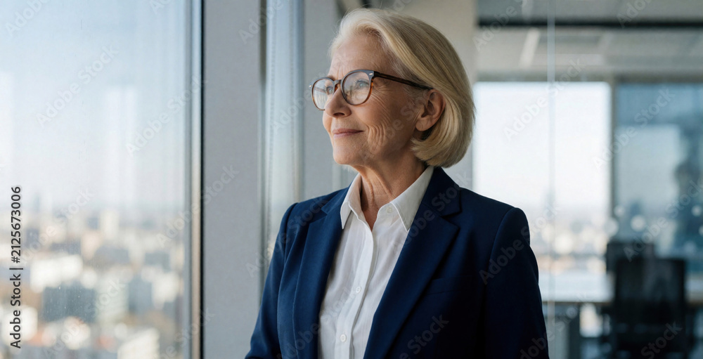 Fototapeta premium Confident senior businesswoman in blue blazer stands by office window. Mature female executive with blond hair, glasses smiles looking at city view. Successful entrepreneur enjoys career success in