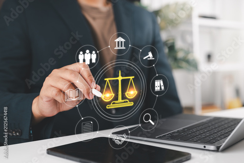 Online law system and justice management, business governance, legal service technology, policy, balance scale and regulatory compliance technology concept.