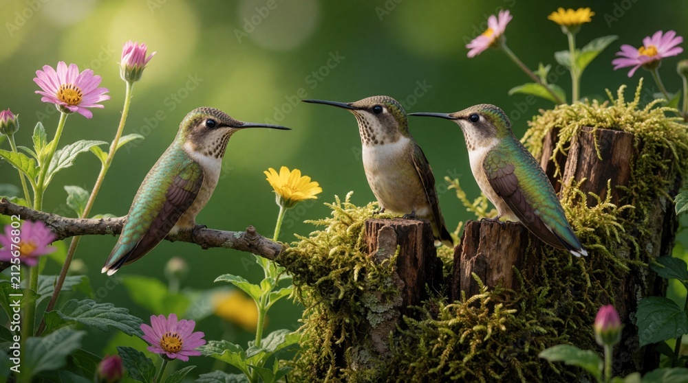 Fototapeta premium Three small hummingbirds perch on mossy tree branch. Colorful birds sit among pink, yellow flowers in garden. Nature scene shows wildlife in summer garden with rich green leaves, bright blossoms.