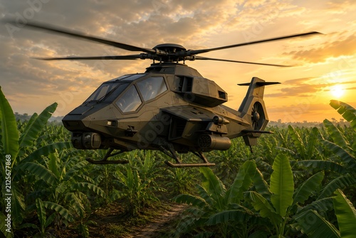Modern Armed Reconnaissance Attack Helicopter Hovering Above Tropical Banana Plantation at Golden Sunset, Military Aviation Technology in Agricultural Landscape