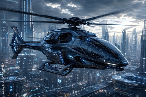 Futuristic Military Helicopter Flying Above Cyberpunk Megacity Skyline at Dusk, Advanced Autonomous Rotorcraft with Neon Lights and Sci Fi Urban Landscape
