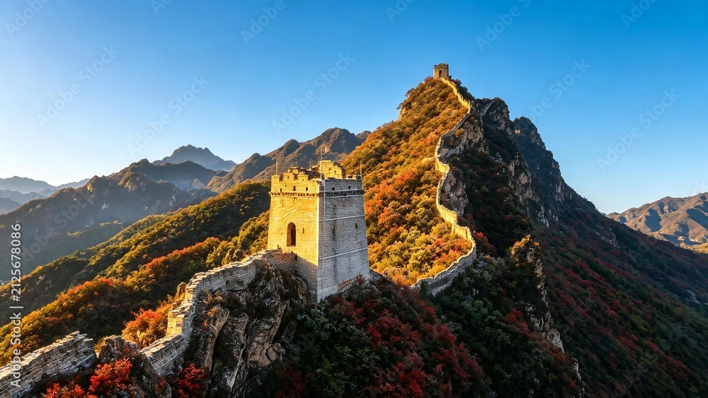 Fototapeta premium Great Wall of China in Beijing during autumn with golden foliage and watchtower
