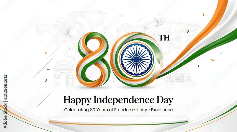 Obraz premium 80th indian independence day celebration banner with tiranga colors with 80th anniversary