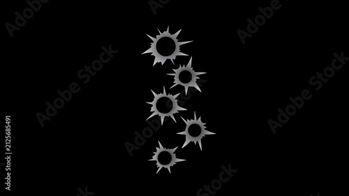 Animation of five bullet holes piercing black glass, bullet impact effect, 4K video.
