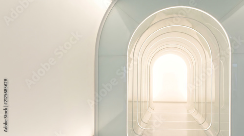 Naklejka A futuristic abstract tunnel with glowing arched frames creating a bright portal effect in a modern architectural interior