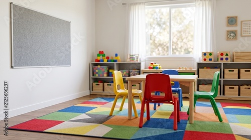 Empty preschool classroom with colorful chairs table and toys on shelves