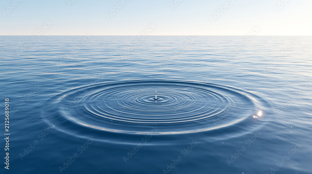 Fototapeta premium Minimal Water View of Concentric Ripples Expanding Across a Calm Blue Ocean Surface Beneath a Pale Open Sky
