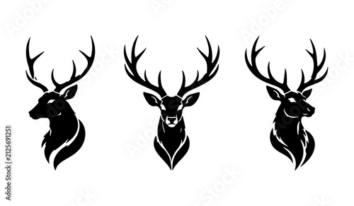 Black Deer Head Antler Silhouette Vector Illustration Set Isolated On White
