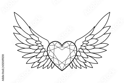 Diamond Heart With Angel Wings Line Art Vector Illustration For Tattoo Design