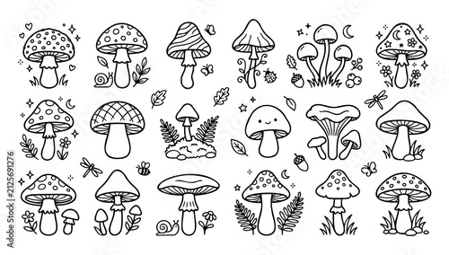 Cute Mushroom Doodle Line Art Vector Illustration Set For Coloring Book Page