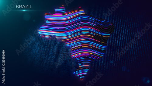 Bild auf Leinwand Modern technology background displaying Brazil text with a glowing 3D extruded Brazil map, colorful wavy line texture, particle grid, cinematic depth of field, and futuristic lighting