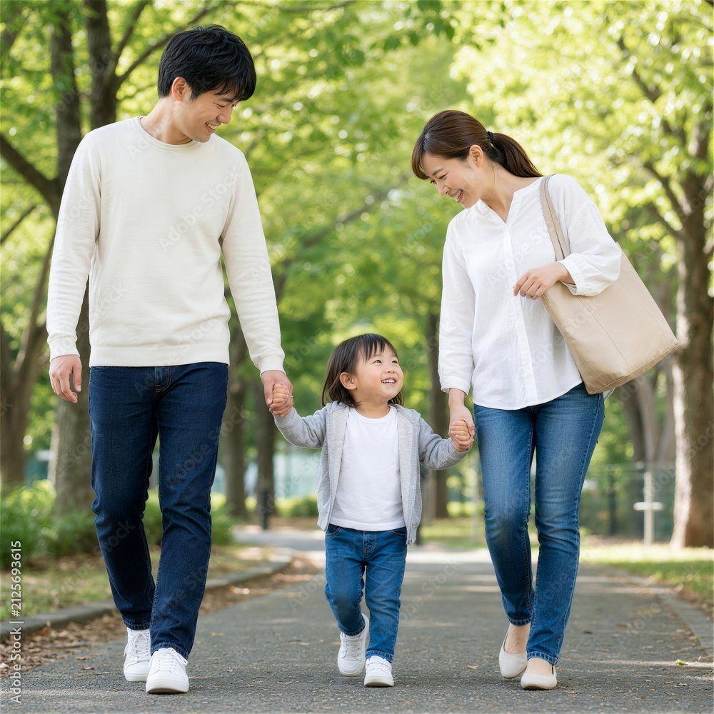 Fototapeta premium 両親と子どもが公園を歩く家族の休日