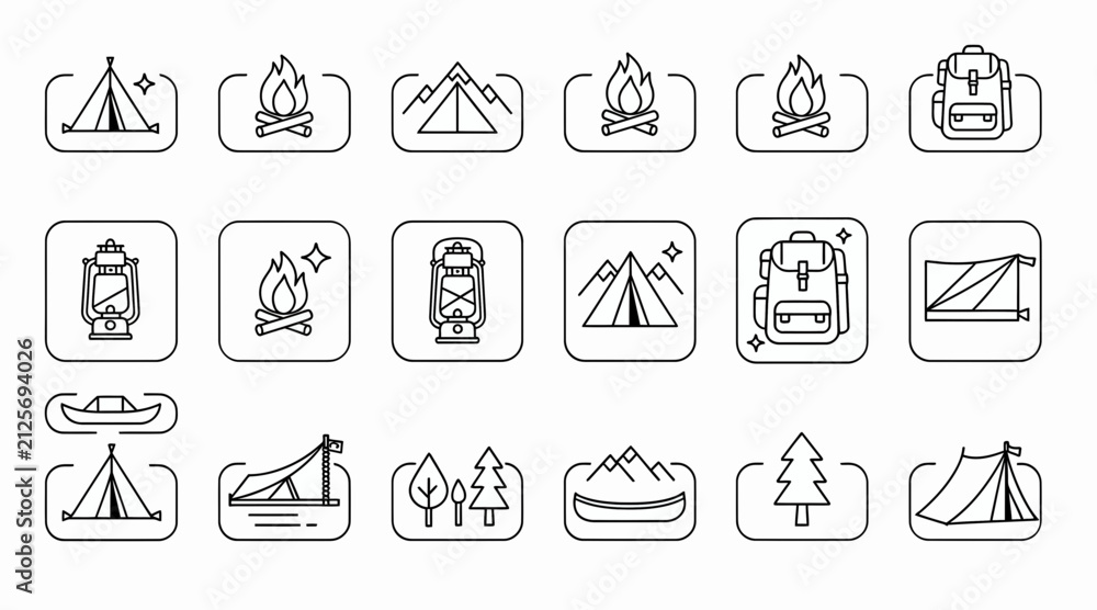 Fototapeta premium Camping Icons Set: Tent, Backpack, Fire, Lantern, Mountains, Canoe