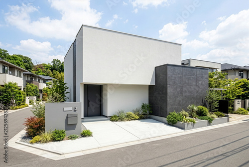 青空の下に建つ白いキューブ型のシンプルモダンな新築注文住宅と美しいエクステリア外観