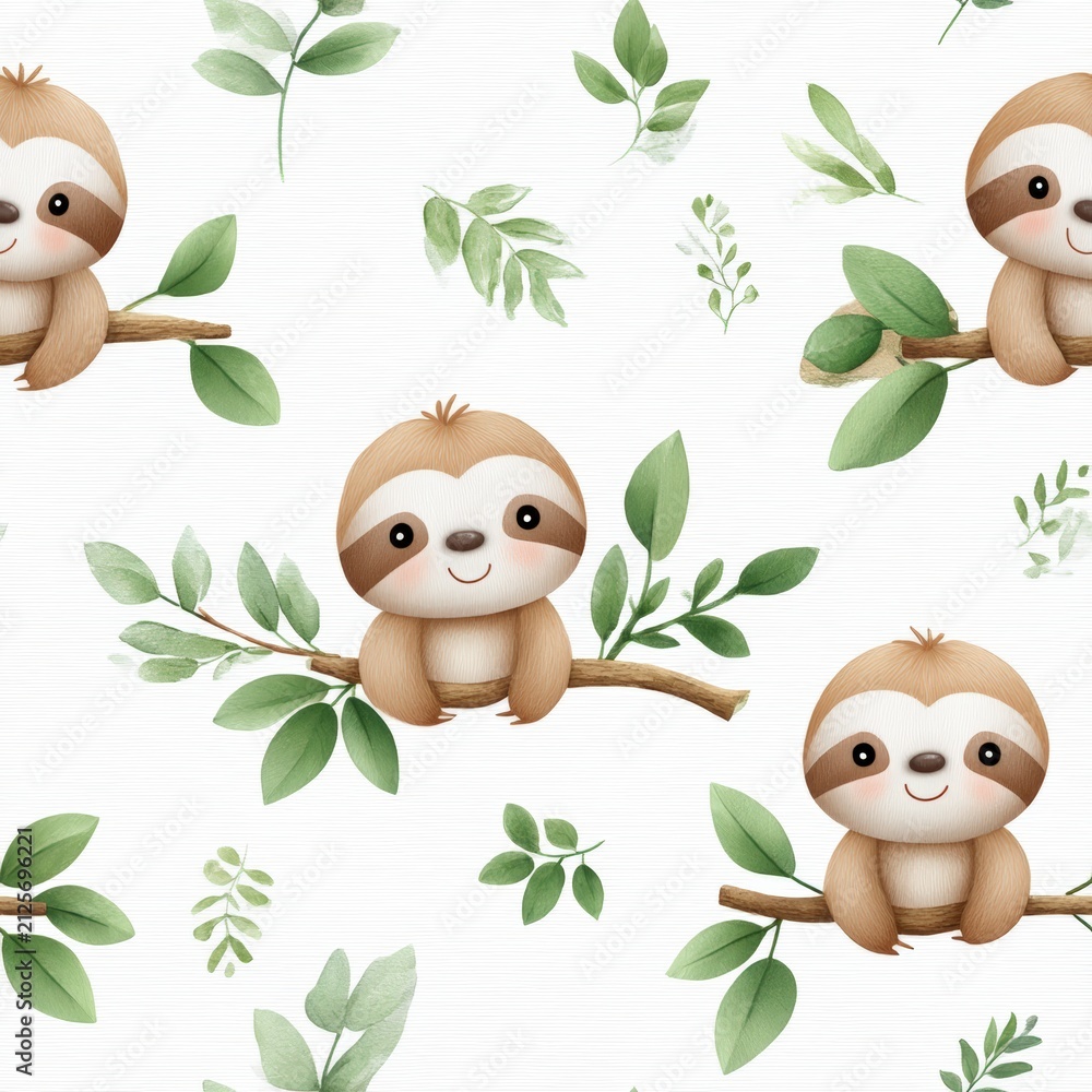 Fototapeta premium Cute seamless pattern with cartoon sloths hanging on branches and green leaves