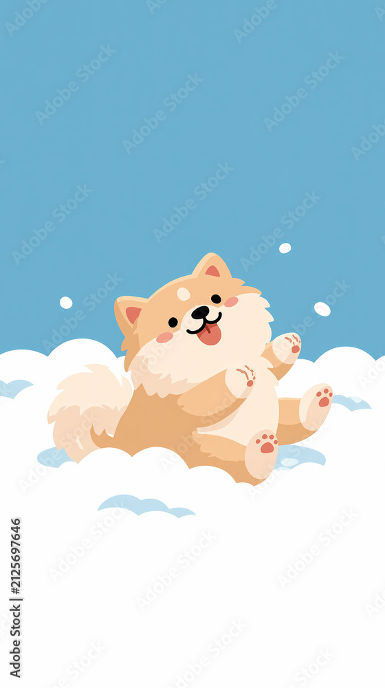 Fototapeta premium A cute fluffy puppy is sitting happily and playing in the soft white snow during a bright winter day in this flat vector illustration