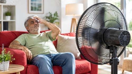 Senior Cooling Off at Home During Extreme Summer Heat with Electric Fan
