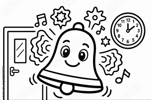 Coloring page for children — a school bell bounces with a smile, surrounded by sound waves.