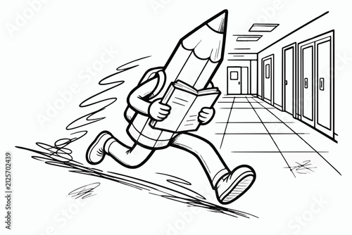 Coloring page for children — a pencil with long legs runs down the school hallway, leaving scribbles.
