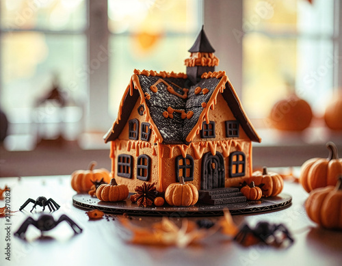Homemade Halloween Cookie House displayed on the kitchen table. Pumpkin and spider decorations. Autumn window view in the background. 