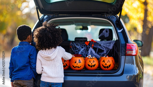 Car decorated for Trunk or Treat event, kids celebrating Halloween in safe trick or treat environment. Autumn foliage trees in the background.