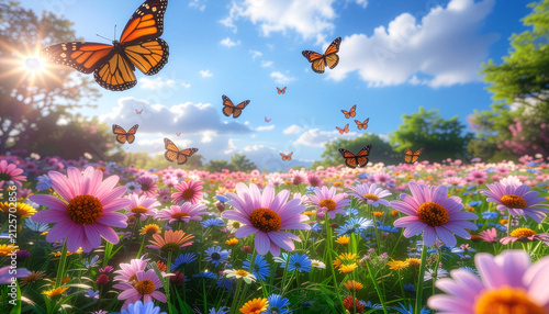 Monarch butterflies fluttering over colorful pink daisy flower field on a sunny summer day. Blue sky and white clouds.