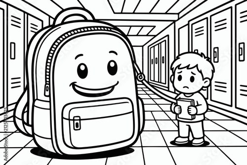 Coloring page for children — a huge backpack walks a small student on a leash.