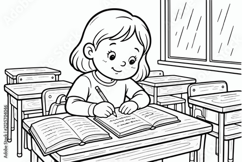 A coloring page for children — a girl copying her homework.