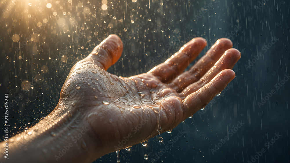 Fototapeta premium Cinematic Close-Up of an Open Palm Catching Falling Raindrops Under Golden Sunlight with Moody Background