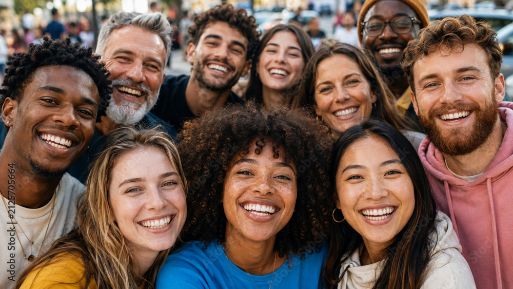 Obraz premium Diverse group of happy multi-ethnic friends smiling and taking a selfie together outdoors
