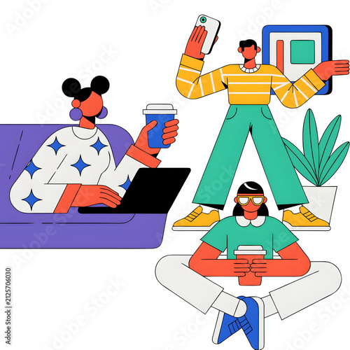 Diverse people collaborating with devices and coffee during remote work and digital communication Isolated on transparent background