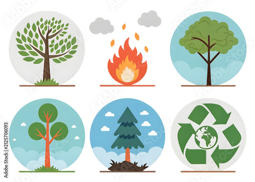 Diverse trees and environmental symbols in circular frames with a forest fire and recycle icon Isolated on transparent background