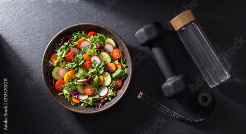 Healthy diet and fitness lifestyle concept featuring fresh vegetable salad in bowl with dumbbell, water bottle, and measuring tape on dark slate