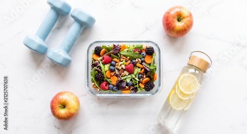 Healthy lifestyle and weight loss concept with flat lay of fresh salad meal prep, dumbbells, red apples, and lemon water on marble surface