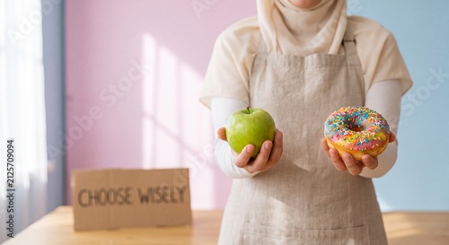 Healthy lifestyle choice and nutrition concept featuring faceless Muslim woman holding green apple and sprinkled donut