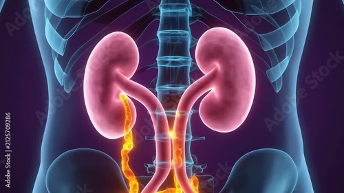 Human kidneys filtering excess sugar in medical animation. 4K Video