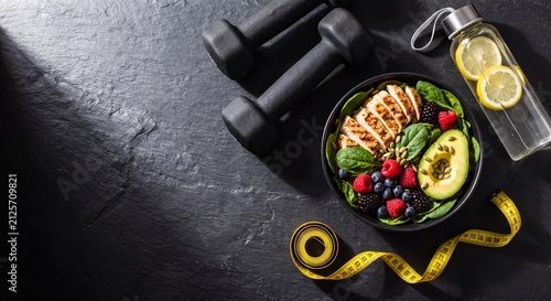 Healthy lifestyle and nutrition concept with grilled chicken salad bowl dumbbells lemon water bottle and measuring tape on dark slate