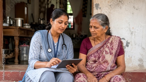 Community healthcare in india with tablet consultation for patient at home between doctor and senior woman, calm guidance and support