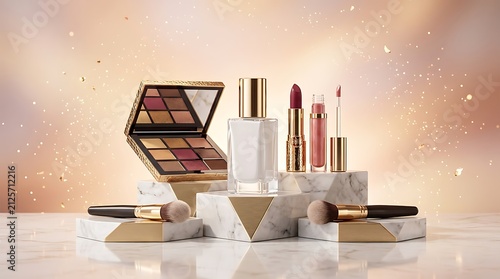 Set of luxury makeup products with perfume and brushes on marble stones. high-end makeup sale