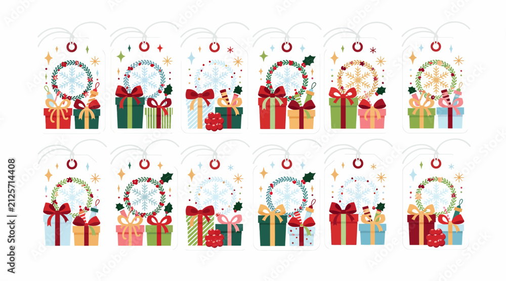 Fototapeta premium christmas gift tags with wreaths and presents