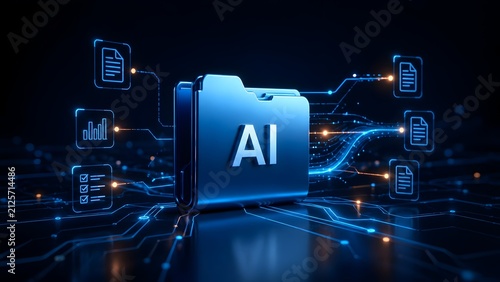 Blue artificial intelligence folder organizing and processing digital document files in a futuristic cyberspace network.