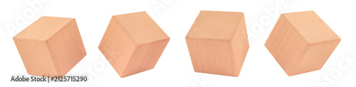 Natural wooden cube blocks isolated on white background in multiple angles. Minimal geometric objects for product mockups, educational materials, branding, packaging, and creative design projects.