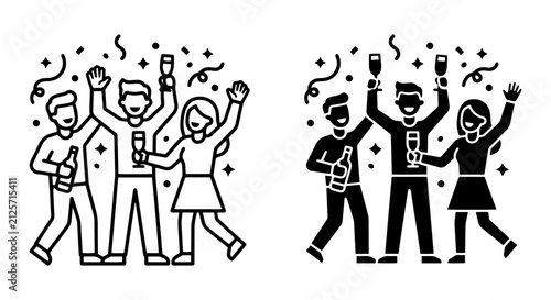 Celebration Icons, Party People, Confetti, Champagne, Vector Graphics for Festive Events