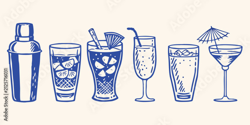 Bild auf Leinwand hand drawn blue line art illustration of various cocktail glasses and shaker dri