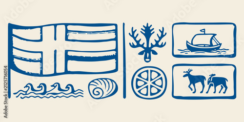 Foto swedish symbols hand drawn blue line art collection on beige background flag shi