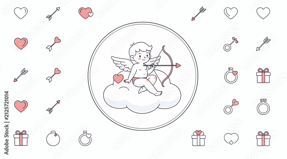 Obraz premium Cute Cupid with Bow and Arrow, Valentine's Day Icons Background