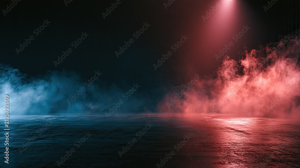 Obraz premium Ethereal mist swirls under contrasting red and blue spotlight illumination
