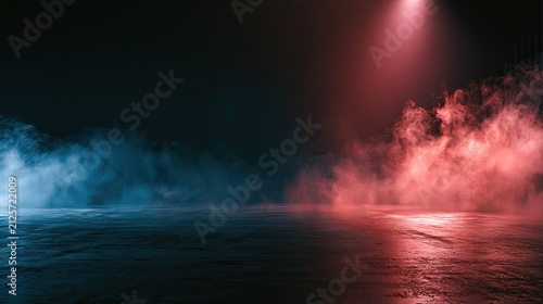 Ethereal mist swirls under contrasting red and blue spotlight illumination