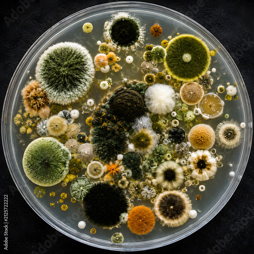 Petri dish containing diverse fungal and mold colonies with varied colors and textures, demonstrating microbial growth, environmental microbiology, and laboratory culture analysis.